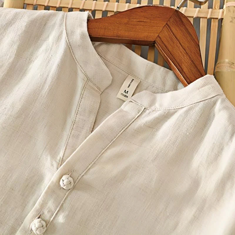 Camicia da uomo in lino con mezza manica e bottoni, tinta unita, con colletto alla coreana , Buddha Stones Daily - Image 3