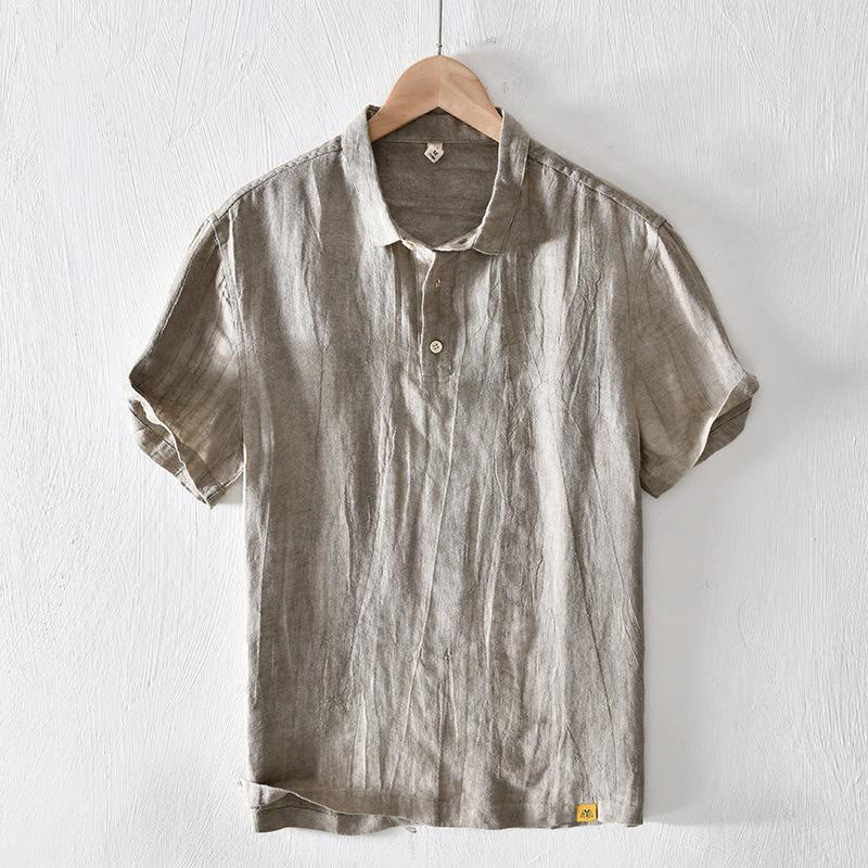 Camicia da uomo in lino con risvolto e mezza abbottonatura, a maniche corte, con design semplice, motivo Buddha Stones