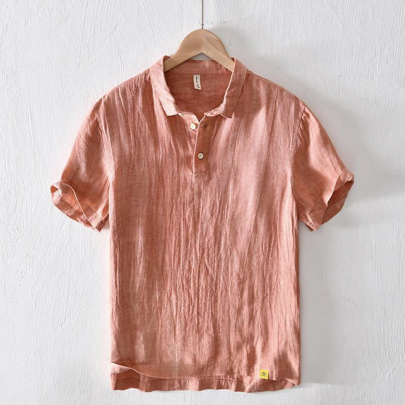 Camicia da uomo in lino con risvolto e mezza abbottonatura, a maniche corte, con design semplice, motivo Buddha Stones - Image 12