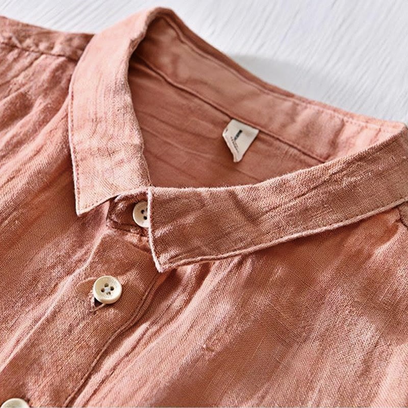 Camicia da uomo in lino con risvolto e mezza abbottonatura, a maniche corte, con design semplice, motivo Buddha Stones - Image 14