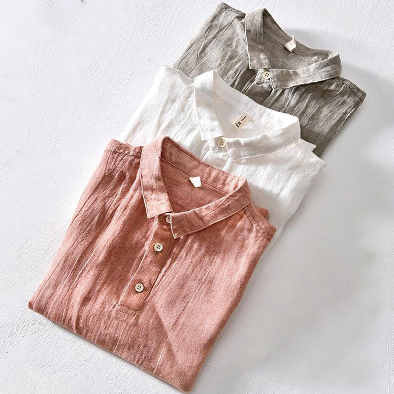 Camicia da uomo in lino con risvolto e mezza abbottonatura, a maniche corte, con design semplice, motivo Buddha Stones - Image 17