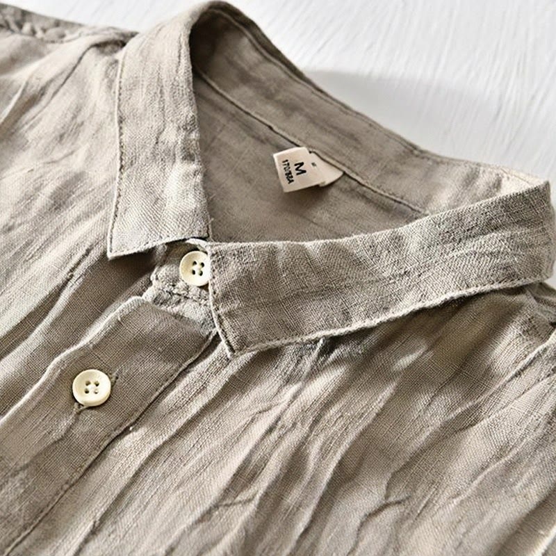 Camicia da uomo in lino con risvolto e mezza abbottonatura, a maniche corte, con design semplice, motivo Buddha Stones - Image 2