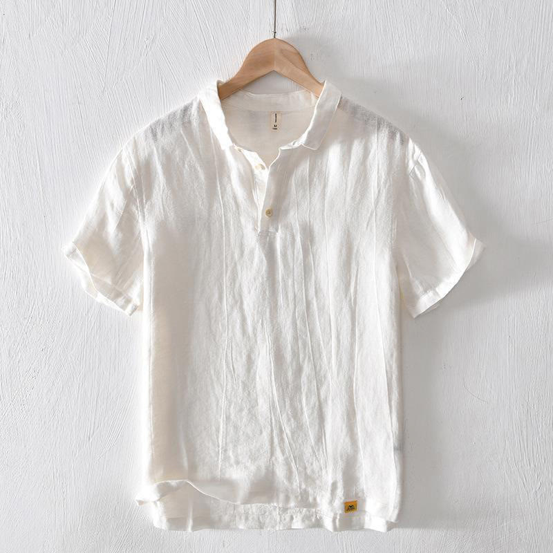 Camicia da uomo in lino con risvolto e mezza abbottonatura, a maniche corte, con design semplice, motivo Buddha Stones - Image 5