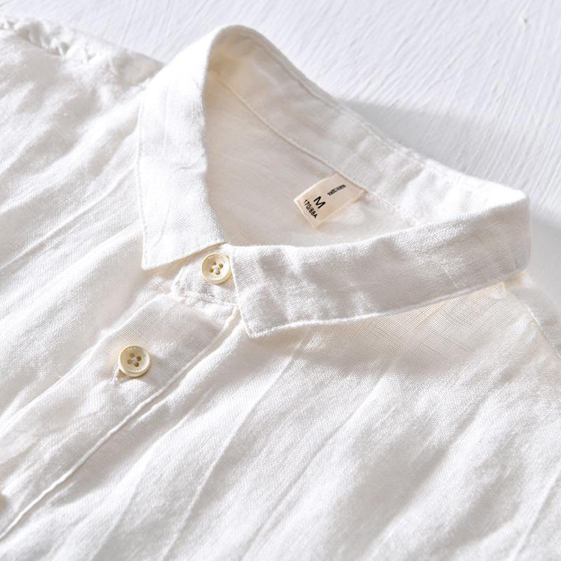 Camicia da uomo in lino con risvolto e mezza abbottonatura, a maniche corte, con design semplice, motivo Buddha Stones - Image 6