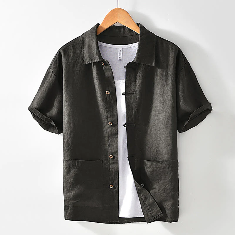 Camicia da uomo in lino con tasche e bottoni, a maniche corte , Buddha Stones - Image 22