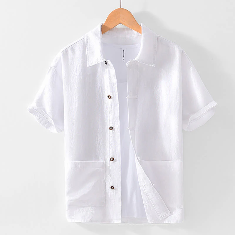 Camicia da uomo in lino con tasche e bottoni, a maniche corte , Buddha Stones - Image 9