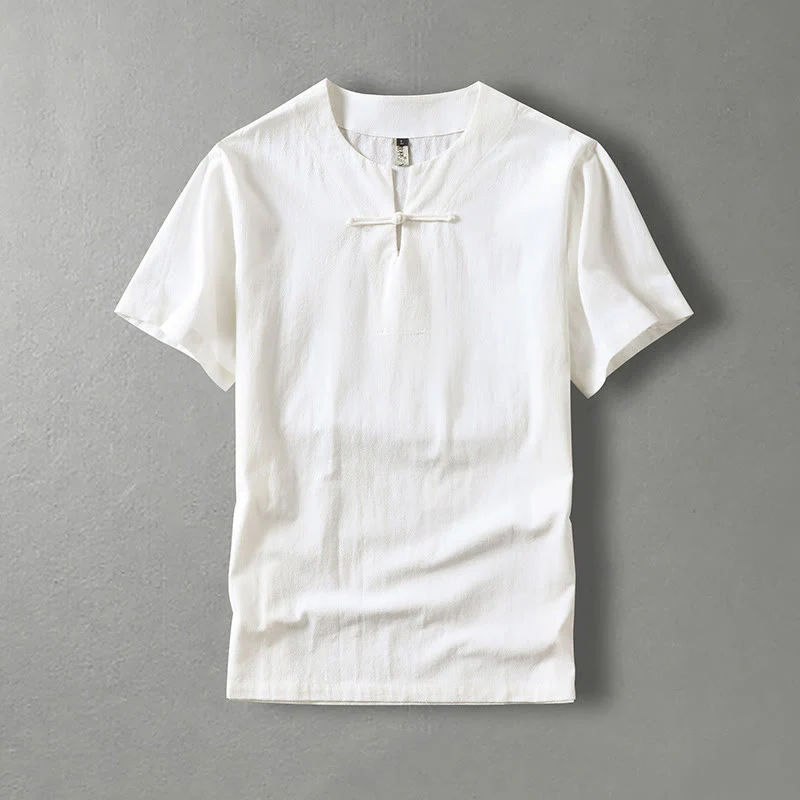 Camicia da uomo in lino di cotone con bottone a forma di rana, casual, a maniche corte, tinta unita , Buddha Stones - Image 2