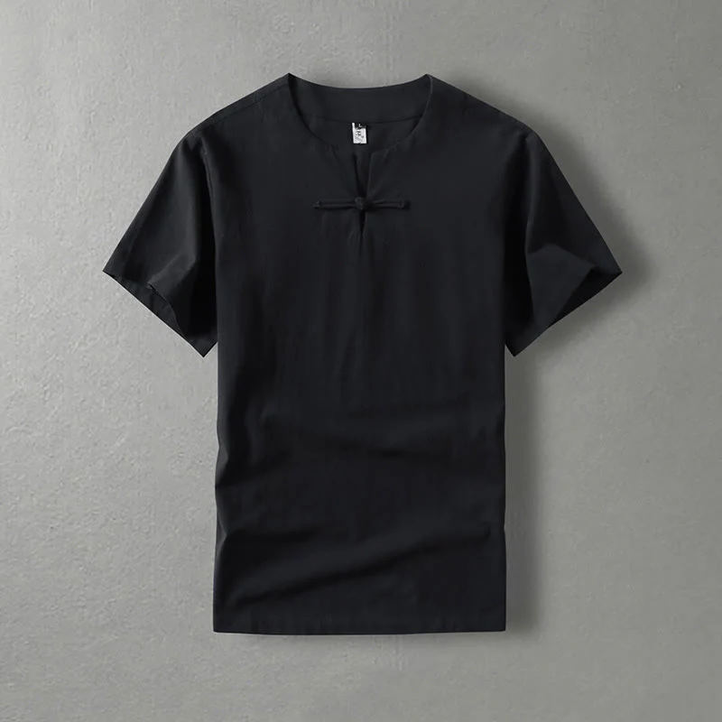 Camicia da uomo in lino di cotone con bottone a forma di rana, casual, a maniche corte, tinta unita , Buddha Stones - Image 3