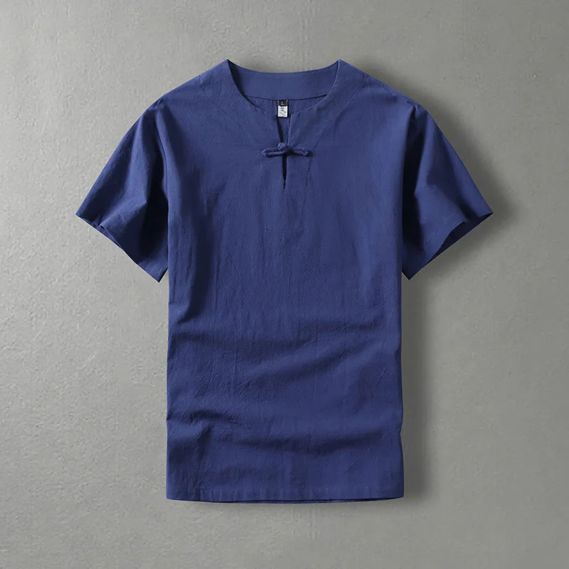 Camicia da uomo in lino di cotone con bottone a forma di rana, casual, a maniche corte, tinta unita , Buddha Stones - Image 4