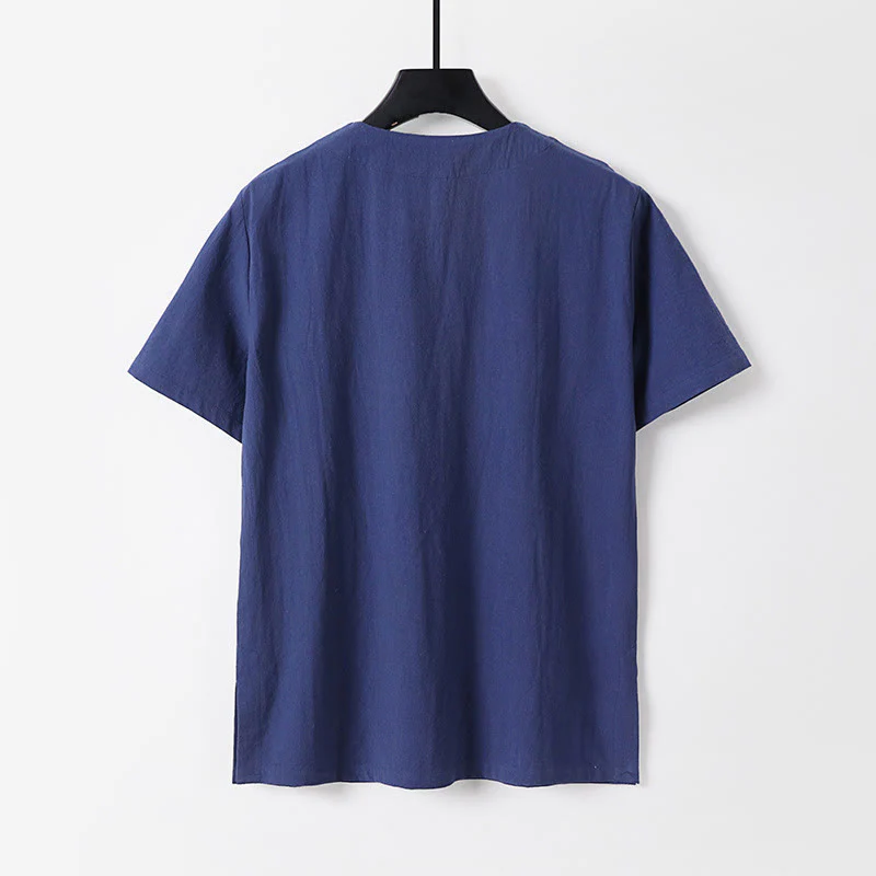 Camicia da uomo in lino di cotone con bottone a forma di rana, casual, a maniche corte, tinta unita , Buddha Stones - Image 5