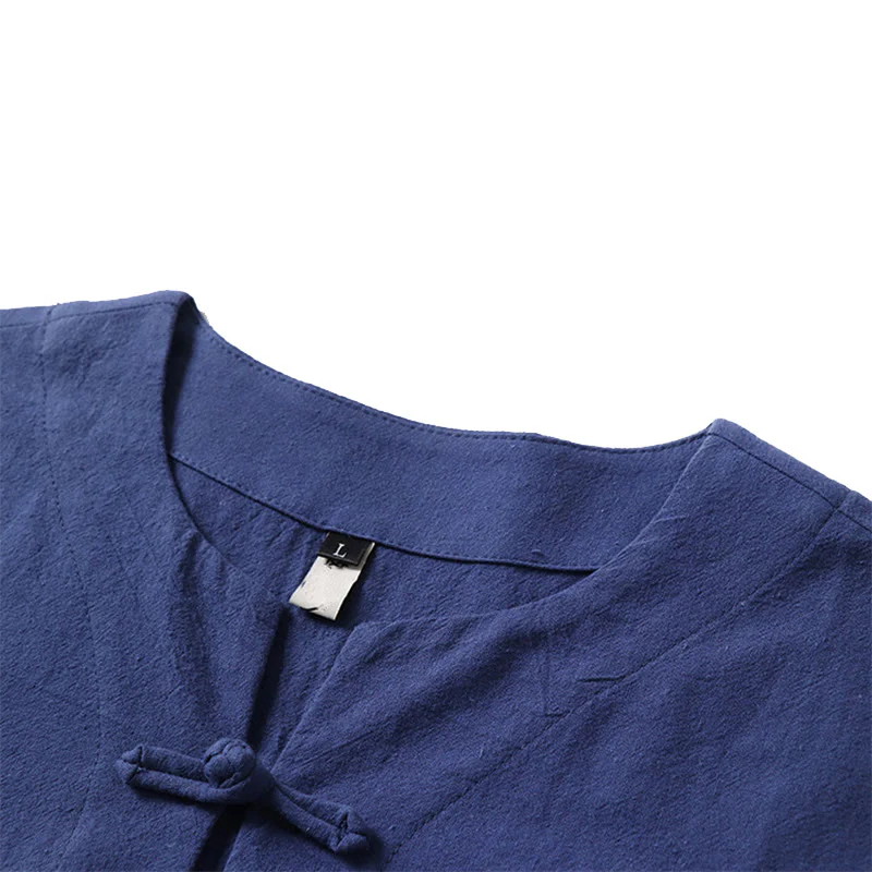 Camicia da uomo in lino di cotone con bottone a forma di rana, casual, a maniche corte, tinta unita , Buddha Stones - Image 8