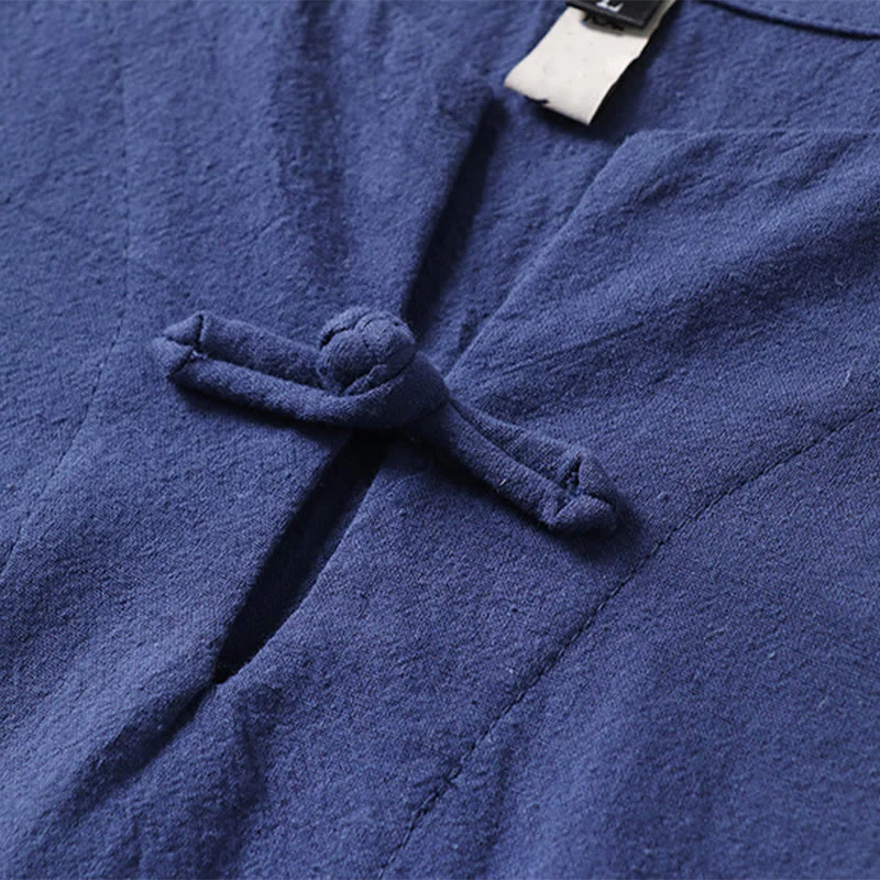 Camicia da uomo in lino di cotone con bottone a forma di rana, casual, a maniche corte, tinta unita , Buddha Stones - Image 9
