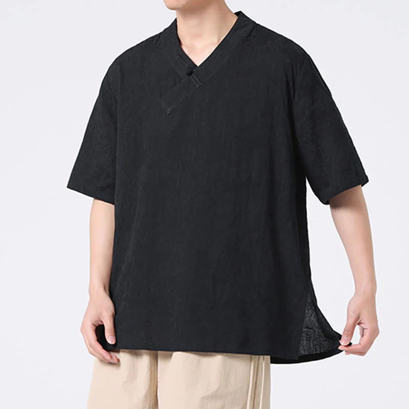 Camicia da uomo in lino e cotone a maniche corte, con colletto alto, in jacquard anticato, con bottoni a rana, etnica, con Buddha Stones , abbigliamento Tai Chi - Image 19
