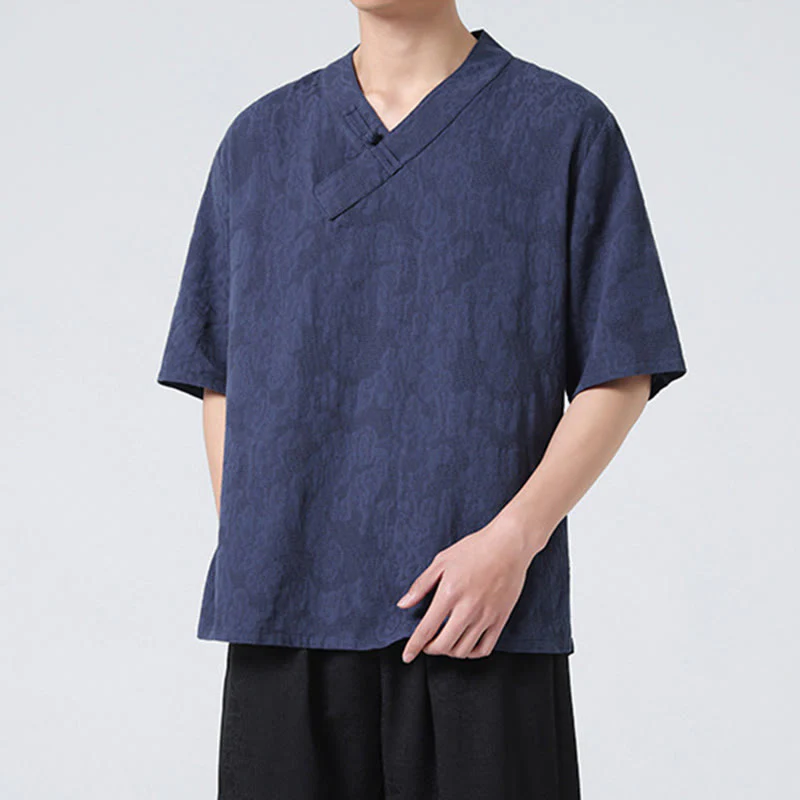 Camicia da uomo in lino e cotone a maniche corte, con colletto alto, in jacquard anticato, con bottoni a rana, etnica, con Buddha Stones , abbigliamento Tai Chi - Image 4