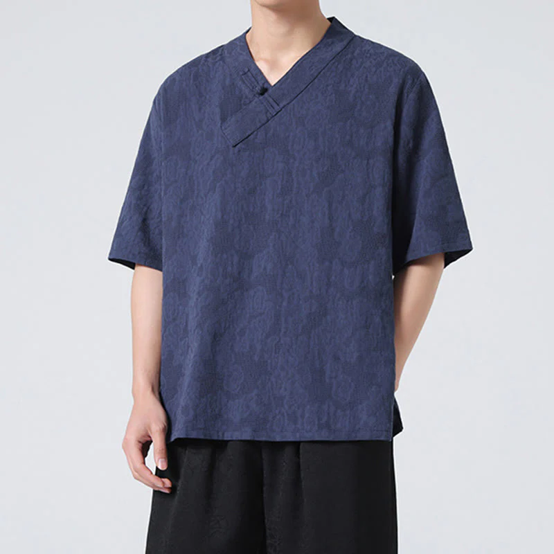 Camicia da uomo in lino e cotone a maniche corte, con colletto alto, in jacquard anticato, con bottoni a rana, etnica, con Buddha Stones , abbigliamento Tai Chi - Image 6