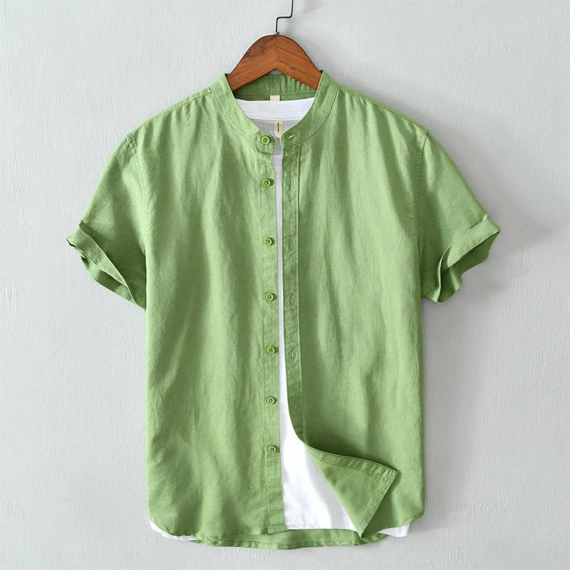 Camicia da uomo in lino e cotone con bottoni, a maniche corte, stile semplice, Buddha Stones