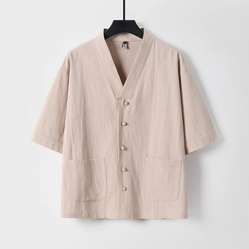 Camicia da uomo in lino e cotone con bottoni frontali, manica a tre quarti, casual, tinta unita , Buddha Stones, con tasche