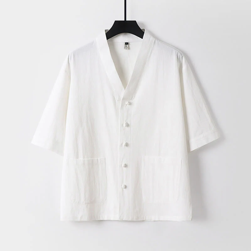 Camicia da uomo in lino e cotone con bottoni frontali, manica a tre quarti, casual, tinta unita , Buddha Stones, con tasche - Image 10