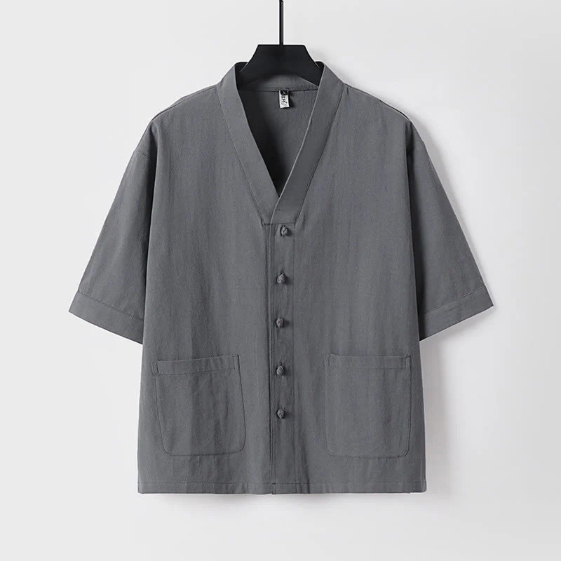 Camicia da uomo in lino e cotone con bottoni frontali, manica a tre quarti, casual, tinta unita , Buddha Stones, con tasche - Image 11