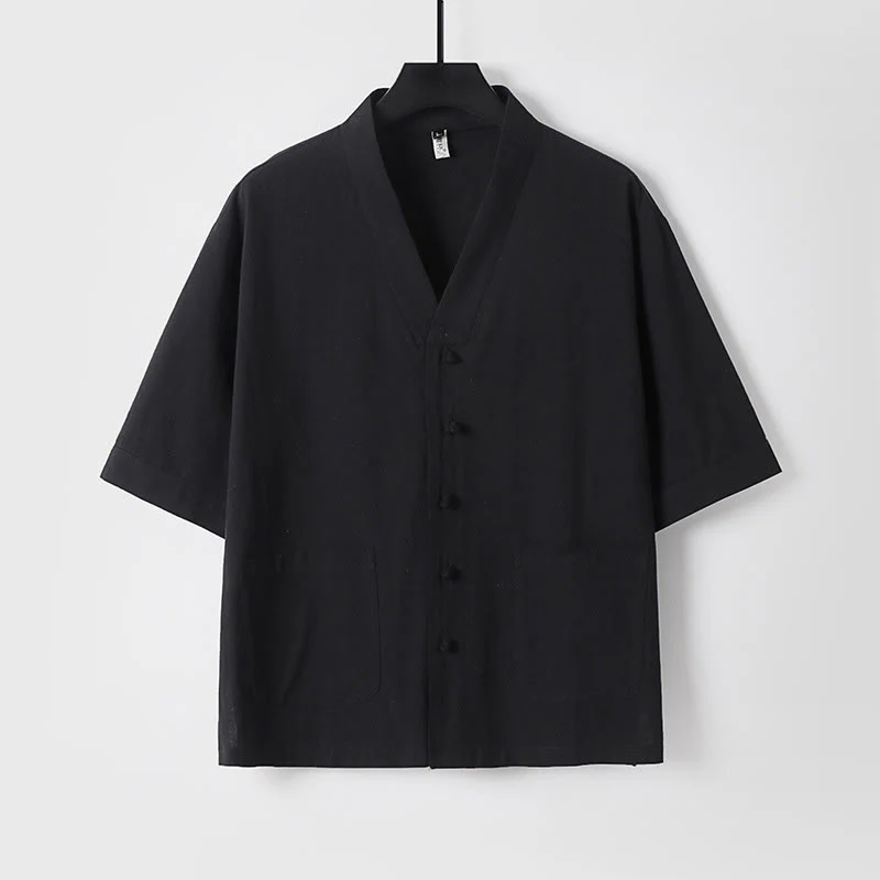 Camicia da uomo in lino e cotone con bottoni frontali, manica a tre quarti, casual, tinta unita , Buddha Stones, con tasche - Image 12