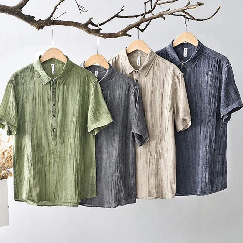 Camicia da uomo in lino ramiè con risvolto semplice e bottoni a metà, motivo Buddha Stones - Image 27