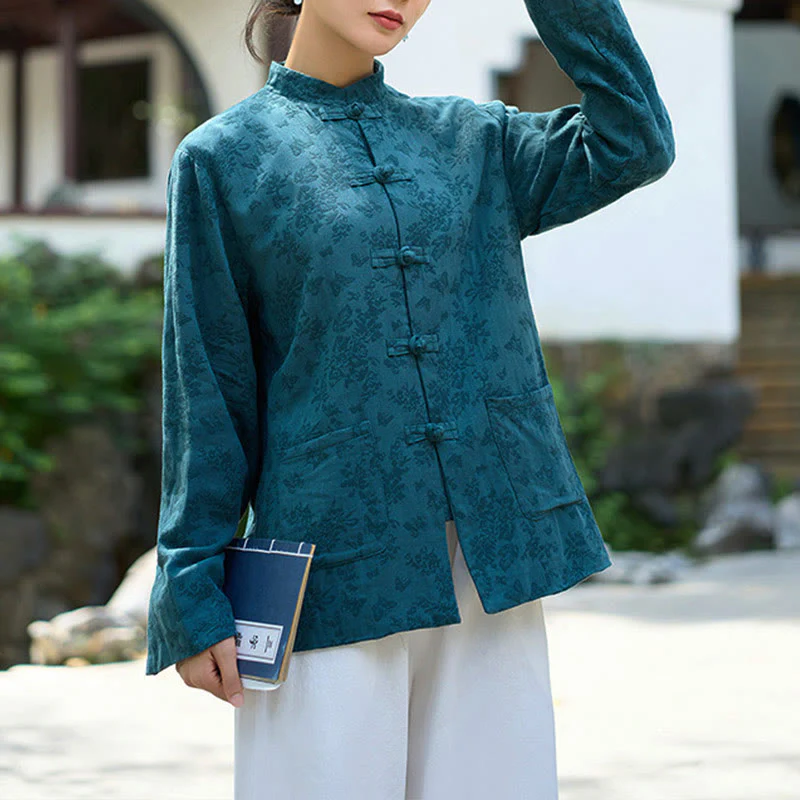 Camicia e pantaloni da donna in cotone jacquard a maniche lunghe con bottoni a rana e tasche Buddha Stones