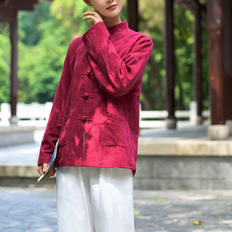 Camicia e pantaloni da donna in cotone jacquard a maniche lunghe con bottoni a rana e tasche Buddha Stones - Image 10