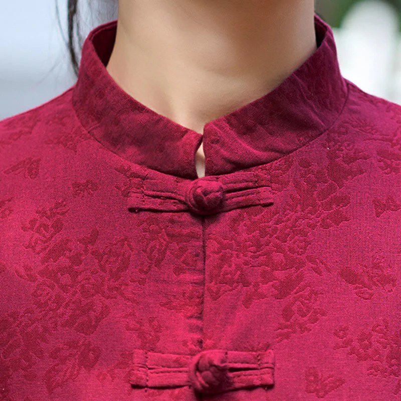 Camicia e pantaloni da donna in cotone jacquard a maniche lunghe con bottoni a rana e tasche Buddha Stones - Image 11