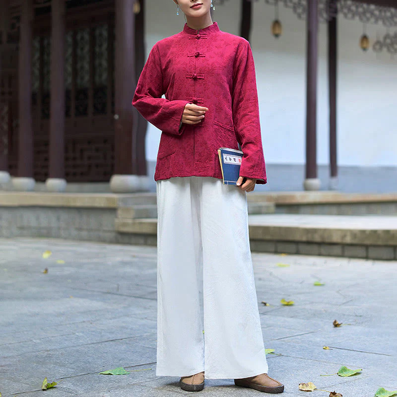 Camicia e pantaloni da donna in cotone jacquard a maniche lunghe con bottoni a rana e tasche Buddha Stones - Image 16