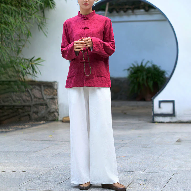 Camicia e pantaloni da donna in cotone jacquard a maniche lunghe con bottoni a rana e tasche Buddha Stones - Image 17
