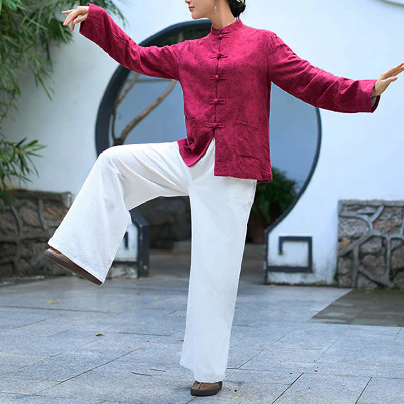 Camicia e pantaloni da donna in cotone jacquard a maniche lunghe con bottoni a rana e tasche Buddha Stones - Image 18