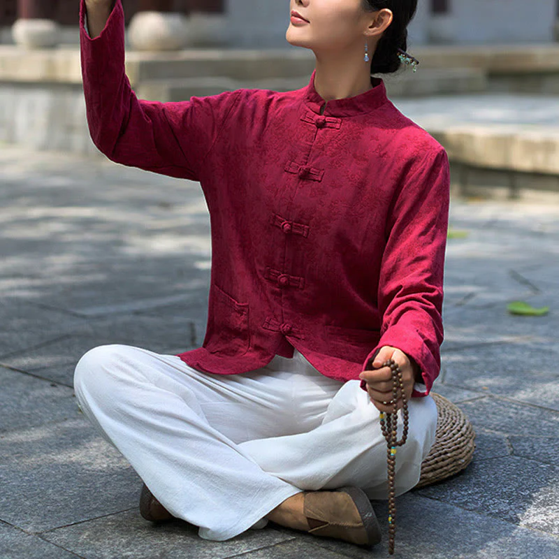 Camicia e pantaloni da donna in cotone jacquard a maniche lunghe con bottoni a rana e tasche Buddha Stones - Image 19