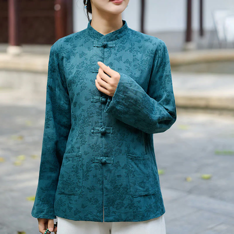 Camicia e pantaloni da donna in cotone jacquard a maniche lunghe con bottoni a rana e tasche Buddha Stones - Image 2