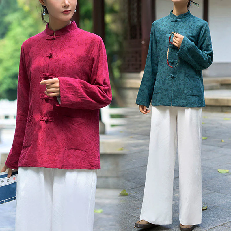 Camicia e pantaloni da donna in cotone jacquard a maniche lunghe con bottoni a rana e tasche Buddha Stones - Image 20