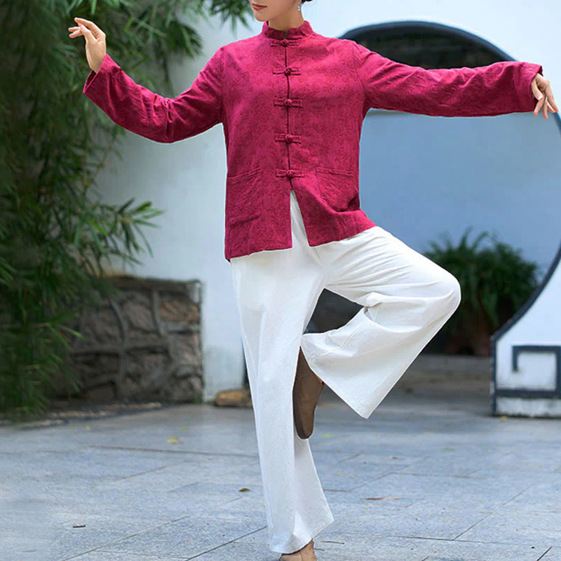 Camicia e pantaloni da donna in cotone jacquard a maniche lunghe con bottoni a rana e tasche Buddha Stones - Image 21