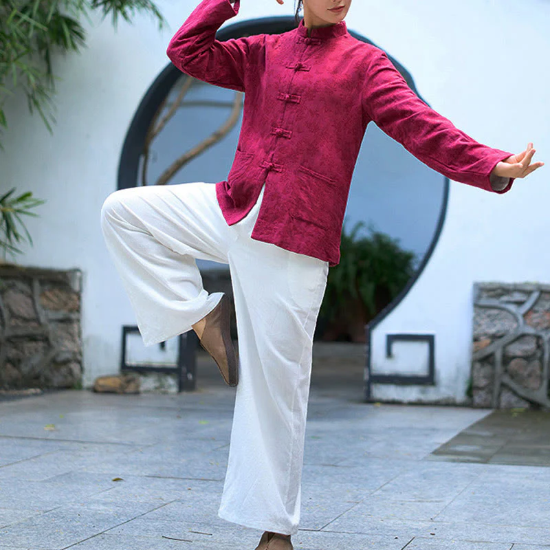 Camicia e pantaloni da donna in cotone jacquard a maniche lunghe con bottoni a rana e tasche Buddha Stones - Image 22