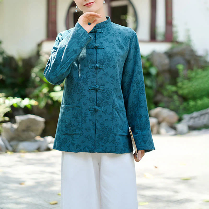 Camicia e pantaloni da donna in cotone jacquard a maniche lunghe con bottoni a rana e tasche Buddha Stones - Image 3