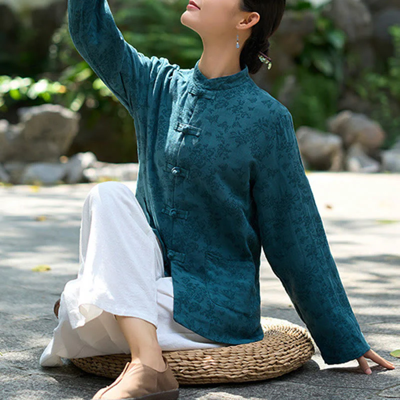 Camicia e pantaloni da donna in cotone jacquard a maniche lunghe con bottoni a rana e tasche Buddha Stones - Image 4