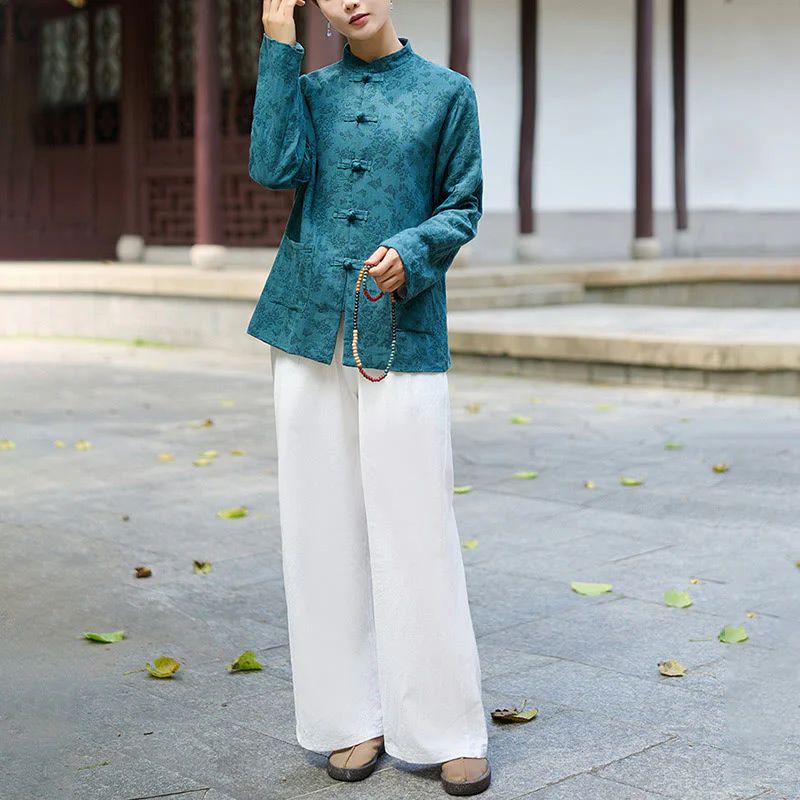 Camicia e pantaloni da donna in cotone jacquard a maniche lunghe con bottoni a rana e tasche Buddha Stones - Image 6