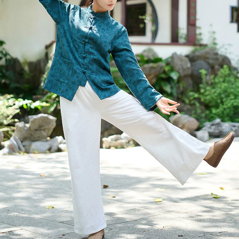 Camicia e pantaloni da donna in cotone jacquard a maniche lunghe con bottoni a rana e tasche Buddha Stones - Image 8