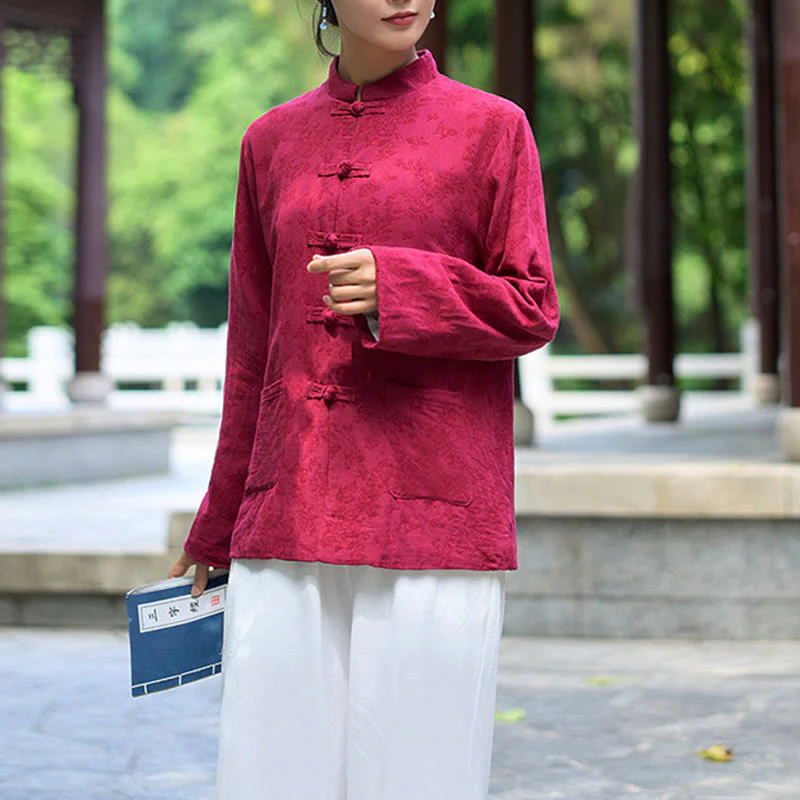 Camicia e pantaloni da donna in cotone jacquard a maniche lunghe con bottoni a rana e tasche Buddha Stones - Image 9