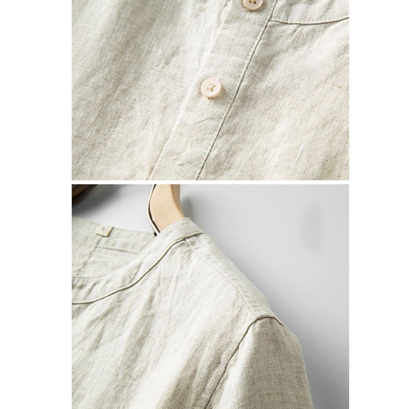 Camicia estiva da uomo con bottoni a tinta unita e maniche corte in cotone e lino Buddha Stones - Image 3