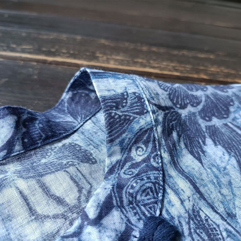Camicia giacca in lino ramiè a maniche lunghe con motivo a rana, motivo a fiori blu e bianchi, stile retrò Buddha Stones - Image 14