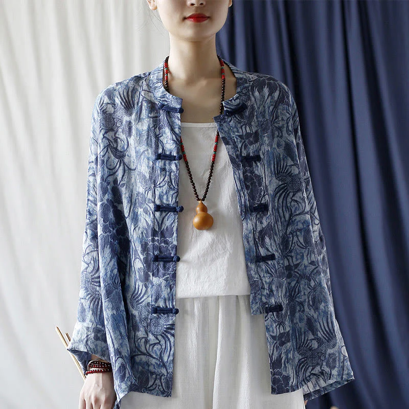 Camicia giacca in lino ramiè a maniche lunghe con motivo a rana, motivo a fiori blu e bianchi, stile retrò Buddha Stones - Image 17