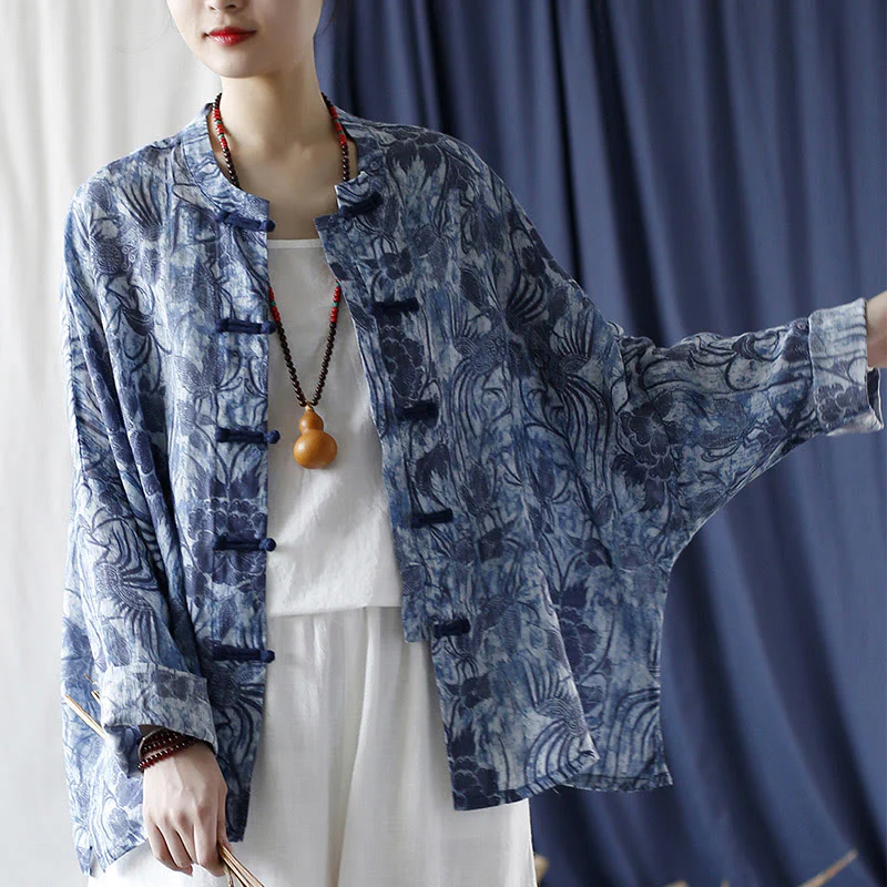 Camicia giacca in lino ramiè a maniche lunghe con motivo a rana, motivo a fiori blu e bianchi, stile retrò Buddha Stones - Image 18