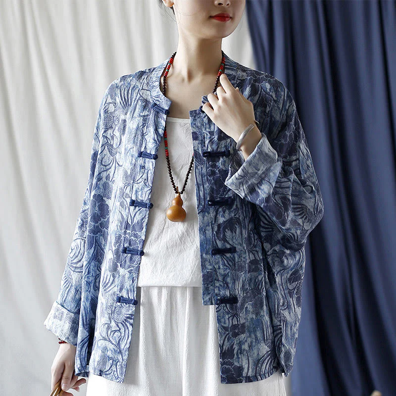Camicia giacca in lino ramiè a maniche lunghe con motivo a rana, motivo a fiori blu e bianchi, stile retrò Buddha Stones - Image 19