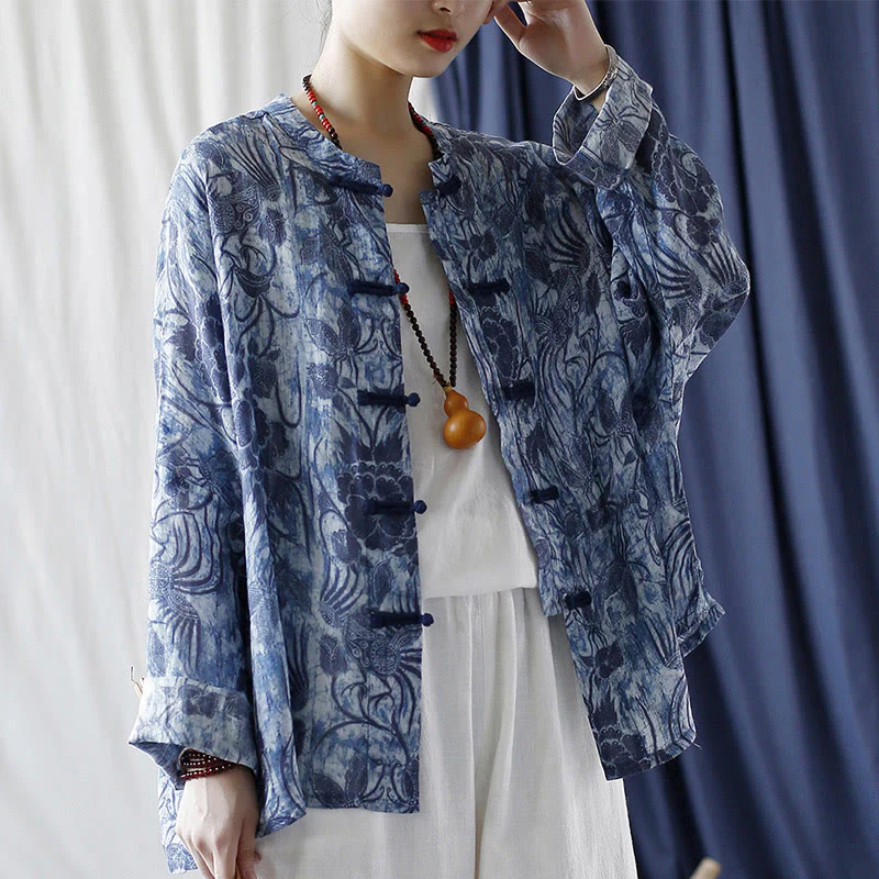 Camicia giacca in lino ramiè a maniche lunghe con motivo a rana, motivo a fiori blu e bianchi, stile retrò Buddha Stones - Image 22