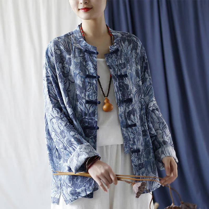 Camicia giacca in lino ramiè a maniche lunghe con motivo a rana, motivo a fiori blu e bianchi, stile retrò Buddha Stones - Image 23