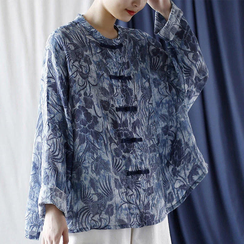 Camicia giacca in lino ramiè a maniche lunghe con motivo a rana, motivo a fiori blu e bianchi, stile retrò Buddha Stones - Image 24