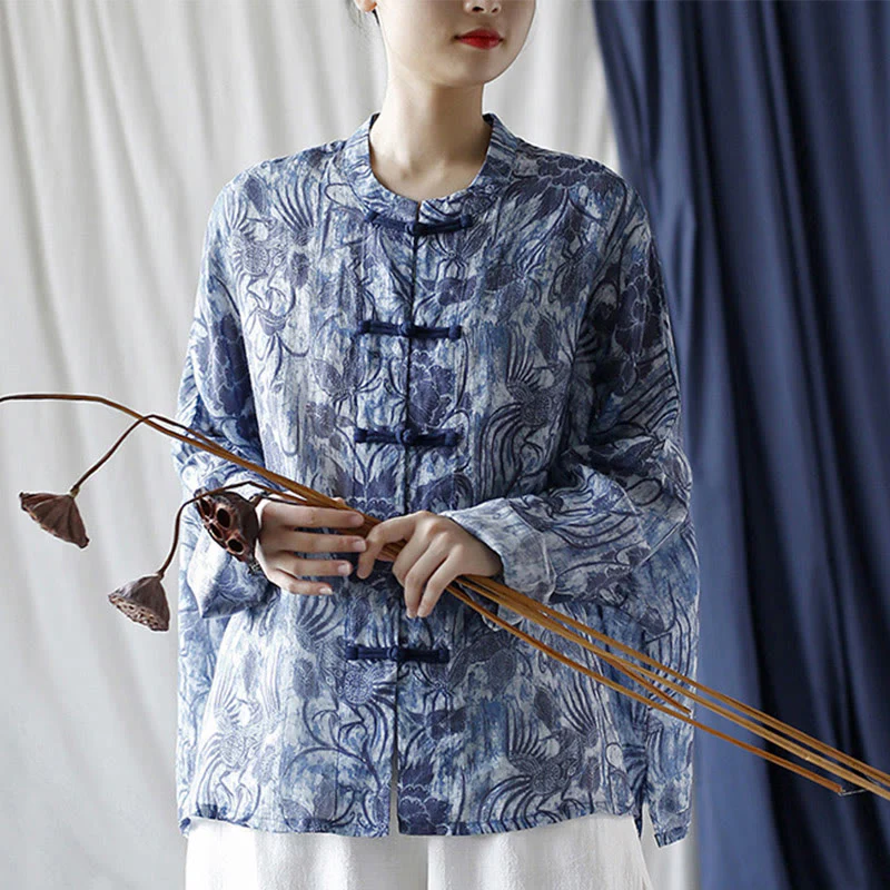 Camicia giacca in lino ramiè a maniche lunghe con motivo a rana, motivo a fiori blu e bianchi, stile retrò Buddha Stones - Image 26